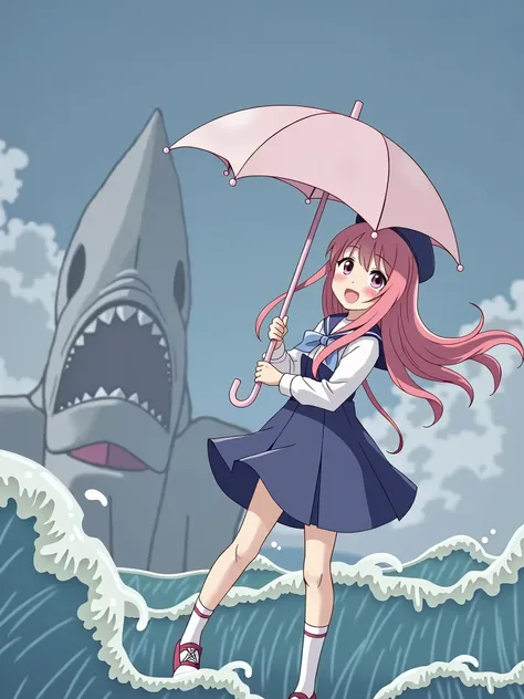 1girl, solo, long hair, blush, smile, purple eyes, pink hair, girl in a blue sailor dress and hat holding an umbrella standing on ocean wave with giant shark castle (hair swept bangs:1.3), anime style, from girls frontline, fine details. girls frontline, g...