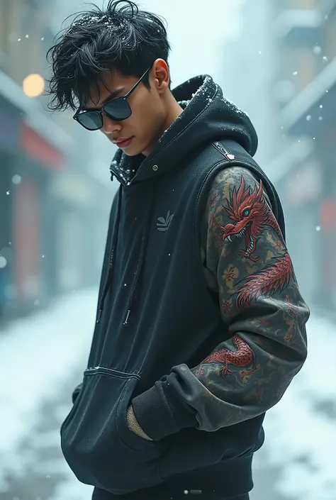 A young Asian man with a dragon tattoo on his arm, wearing hip-hop rap style clothing such as a loose hoodie and stylish sneakers, wearing dark glasses. He is posing in a way that shows a sense of coldness and loneliness, surrounded by a winter atmosphere ...