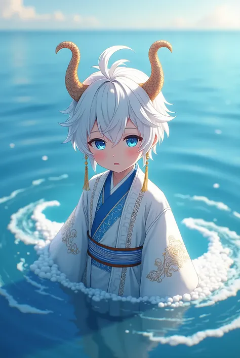 Anime boy with a sweet face, ancient Chinese outfit with white and blue stripes, white hair, dragon horns, in the sea, blue eyes 