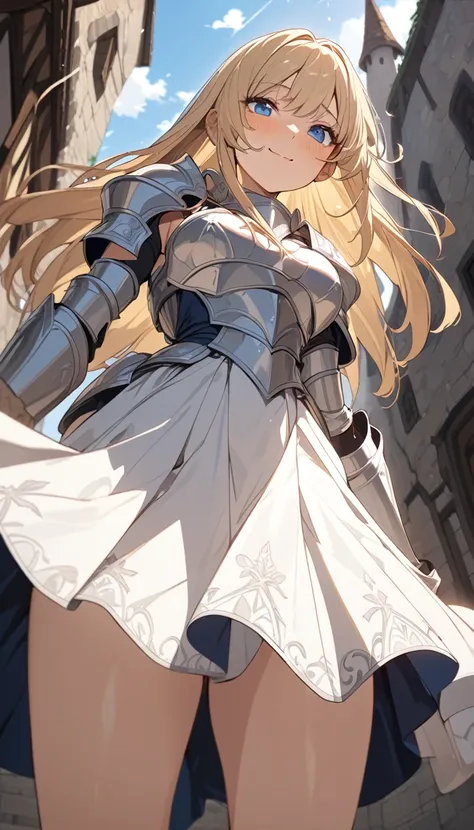 masterpiece, Best Quality, High resolution, Super detailed, Anime Style,  Fantasy, Medieval roads , One Girl, solo, Cowboy Shot,  Cute face, Medium Breast, Blonde medium straight hair, break, Blue Eyes, break, Dress Armor, Shooting from below, Jump,  