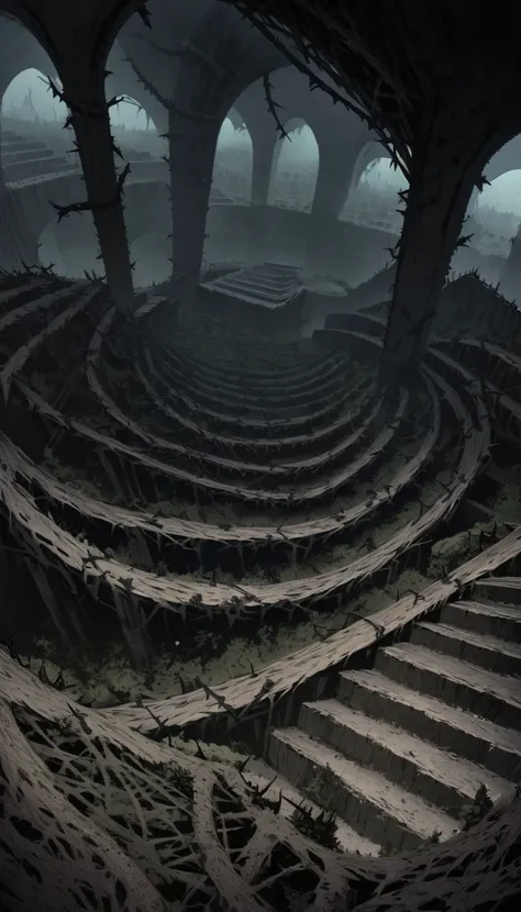 wide angle, View from the top of the mountain, Inside the Guldur Valley, Dark Floors, Balcony on the first floor，Abyss view, and the floor with the crazy stairs underneath, thorns, spike wall. Creepy illustration, too detailed, 8K resolution. horror art.