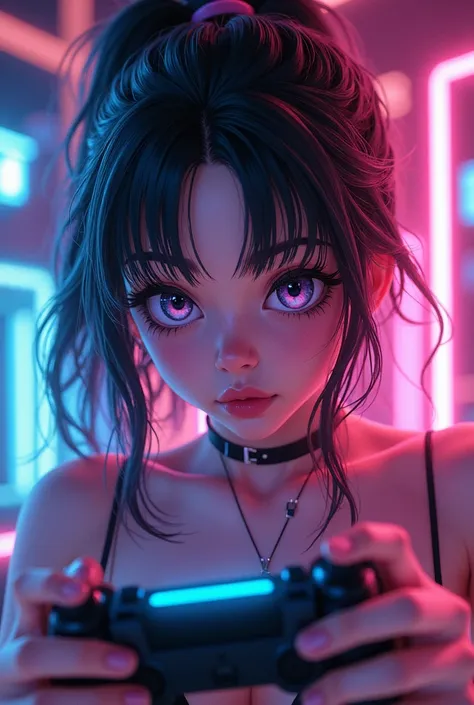 anime girl, beautiful woman, beautiful detailed eyes, beautiful detailed lips, extremely detailed eyes and face, long eyelashes, portrait, dynamic pose, looking at viewer, confident expression, holding game controller, neon lighting, glowing aura, cyberpun...