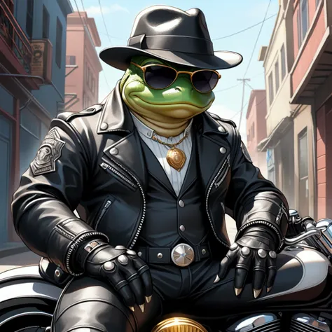 Closeup, Anime art style, An extremely badass anthropomorphic light blue and white bullfrog wearing an insanely cool black leather biker jacket open, black fedora, black leather biker gloves, black leather biker pants, black sunglasses, award winning work....