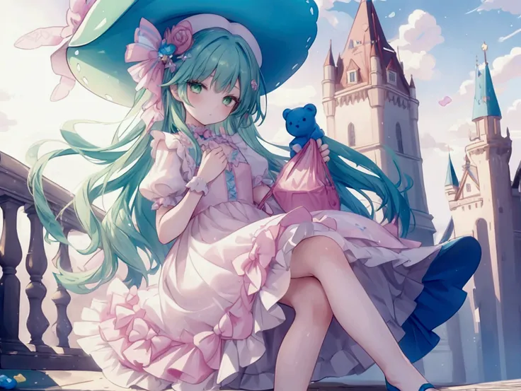 (Masterpiece,Highest quality),(Maximum details),1 girl ,Small chest,Beautiful face,Green eyes,Long hair,Rainbow hair,Wear a blue hat,Wear a dress with a small bear attached.,Wear pink high heels,Background,Lovely castle,Holding a bag of gummy bears