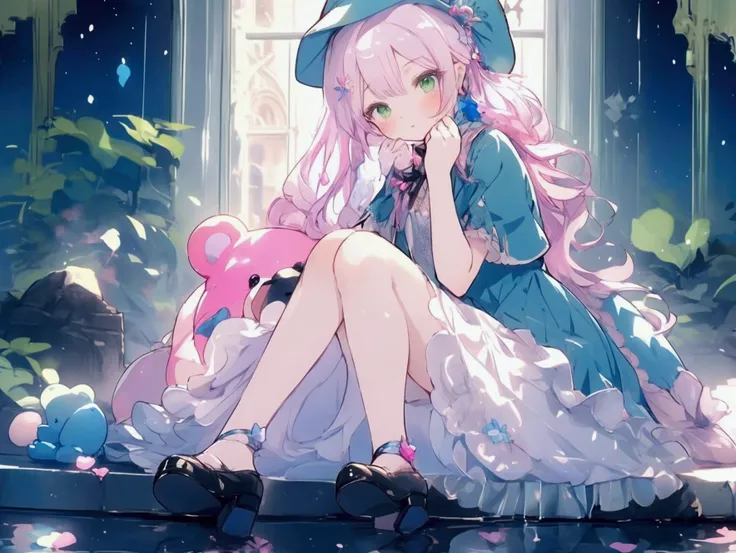 (Masterpiece,Highest quality),(Maximum details),1 girl ,Small chest,Beautiful face,Green eyes,Long hair,Rainbow hair,Wear a blue hat,Wear a dress with a small bear attached.,Wear pink high heels,Background,Lovely castle,Holding a bag of gummy bears