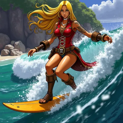 beautiful female pirate surfing, EMERALDAS, beach, full body shot