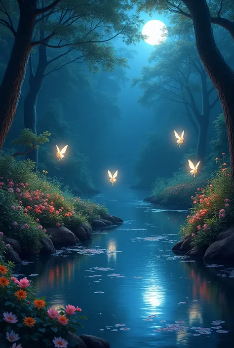 4 small glowing fairies fly around a night forest landscape with beautiful flowers, bushes, sparkling water, moonlighting (extremely detailed CG unity 16k wallpaper), most beautiful artwork in the world, professional majestic oil painting, intricate, high ...