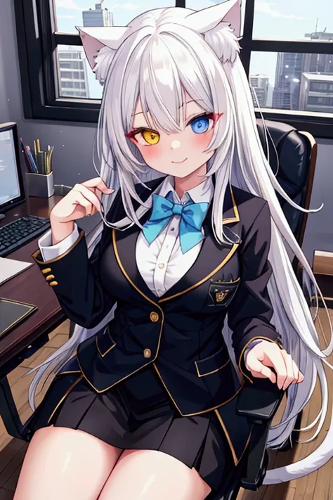 best quality , ultra detailed , highres ,anime style ,One woman, long whitehair, heterochromia,yellow right eye,blue left eye, cat ears, solo, medium breasts, looking at viewer,1girl, smile, Blazer ,office,nightroom, sitting on chair