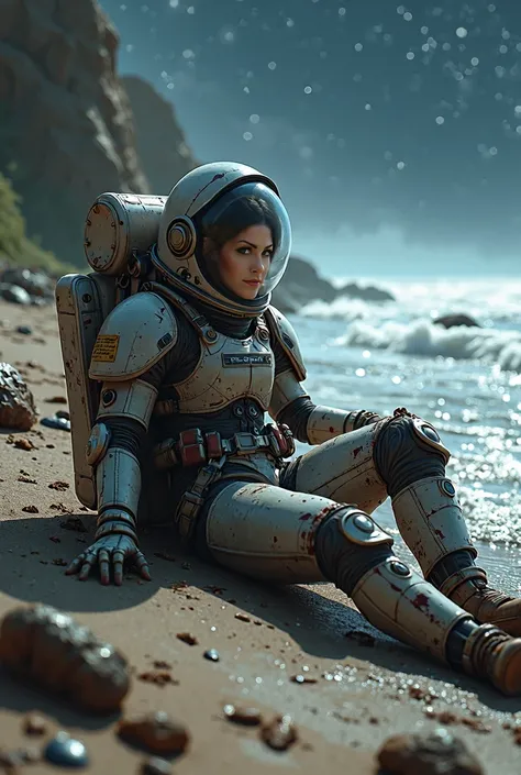 washed up on shore, hardly wounded female astronaut, wearing damaged hi-tech space armor, without helmet, tearing gloves, lying down on wild beach,  wawes crashing down,  starry night sky,  prehistoric planet, crash landing site area, fitness body,