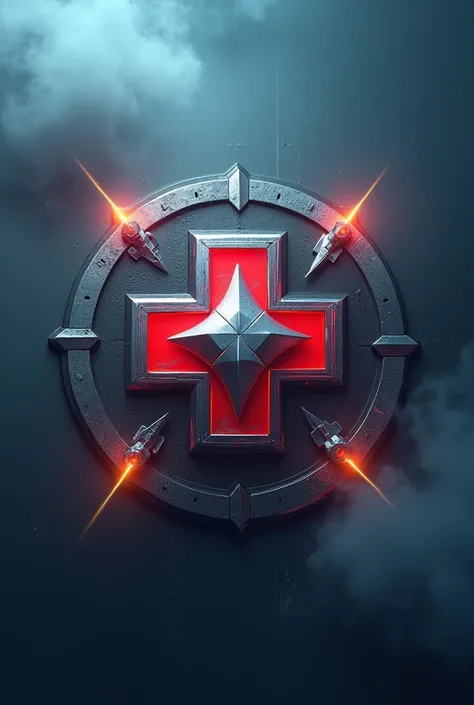 3d Logo with deep detailing, medical red cross, high quality, White Triangle of Victory, army, number 30, gold, titanium, blue fog, blue haze, in the style of terminator, Shine, yellow laser beams, blue laser beams, Coat of arms of Konstantin Ostrozhsky