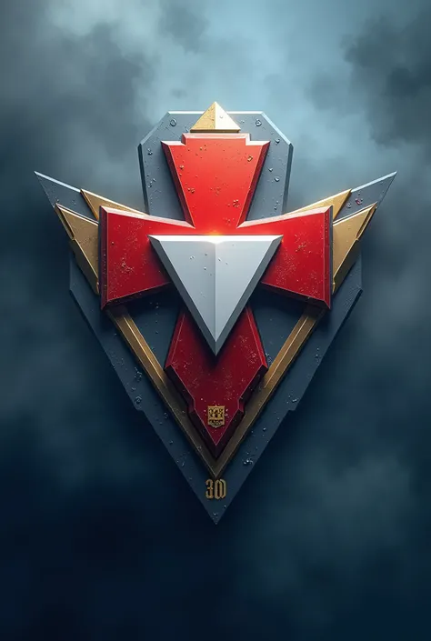 3d Logo with deep detailing, medical red cross, high quality, White Triangle of Victory, army, number 30, gold, titanium, blue fog, blue haze, in the style of terminator, Shine, yellow laser beams, blue laser beams, Coat of arms of Konstantin Ostrozhsky