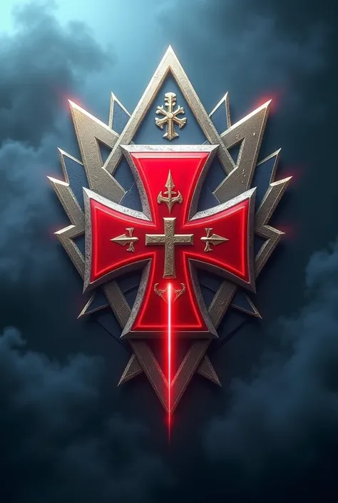 3d Logo with deep detailing, medical red cross, high quality, White Triangle of Victory, army, combat medic, number 30, gold, titanium, blue fog, blue haze, in the style of terminator, Shine, yellow laser beams, blue laser beams, Coat of arms of Konstantin...