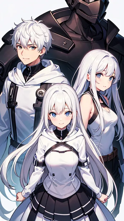 High Resolution, Masterpiece, Best Quality, Family, 3 person (Male and female), (Couple White Hoodie:1.1), white hair, (white backround:1.3), Anatomically Correct, sweat smile, looking at the viewer, Accurate, High Quality, Small Breasts, 