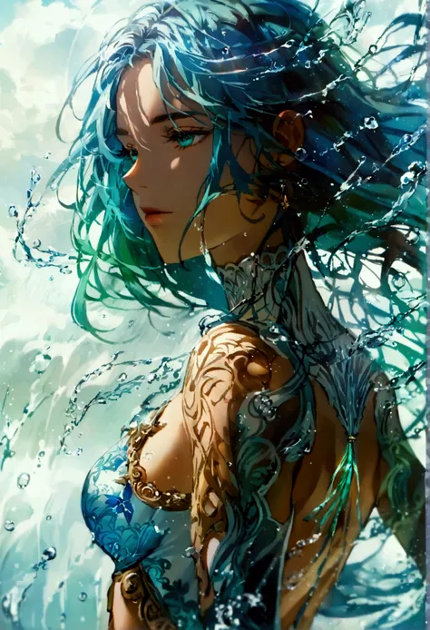 A highly detailed and dynamic character image of Isha Aeron from The Fallen Book of Devas, a young woman with a graceful yet athletic build, possessing long flowing hair that is a mix of soft blue and green hues, symbolizing her water and wind traits. Her ...