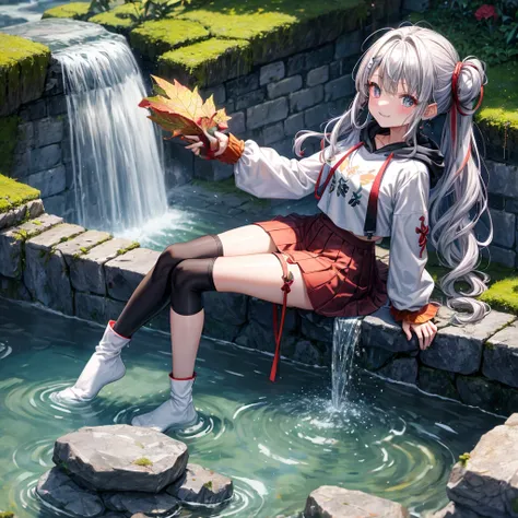 Rainbow red and silver hair、Rainbow Eyes、Wavy Hair、Hair tied up、Two cute、Checked mini skirt、Black T-shirt、Long sleeve、wearing a hood、Black knee-high socks、Teeth are visible、Ice Castle、Tilting face、lawn、In front of the city gate、The stone is cracked、Uneven ...