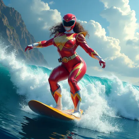 busty power ranger surfing, wearing power ranger costume, full body shot