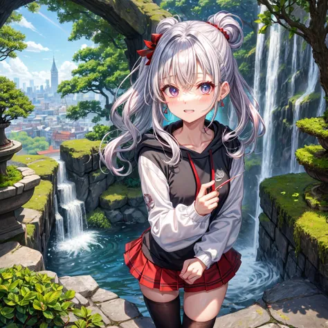 Rainbow red and silver hair、Rainbow Eyes、Wavy Hair、Hair tied up、Two cute、Checked mini skirt、Black T-shirt、Long sleeve、wearing a hood、Black knee-high socks、Teeth are visible、Ice Castle、Tilting face、lawn、In front of the city gate、The stone is cracked、Uneven ...