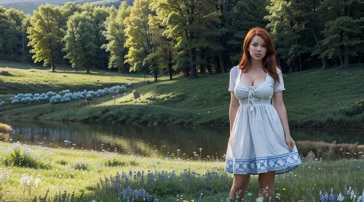 fantasy redhead Swedish shepherdess, blue & white dress, sunny mountain meadow, Sexy & busty, beautiful. standing.