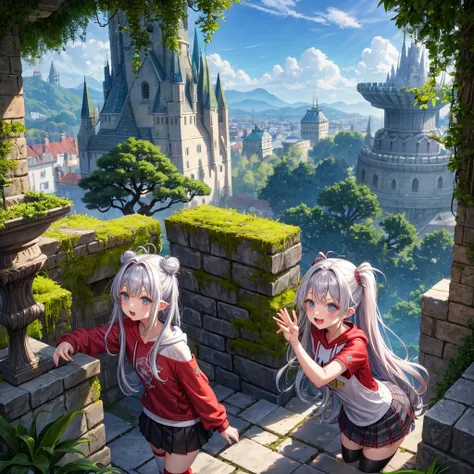 Rainbow red and silver hair、Rainbow Eyes、Wavy Hair、Hair tied up、Two cute、Checked mini skirt、Black T-shirt、Long sleeve、wearing a hood、Black knee-high socks、Teeth are visible、Ice Castle、Tilting face、lawn、In front of the city gate、The stone is cracked、Uneven ...