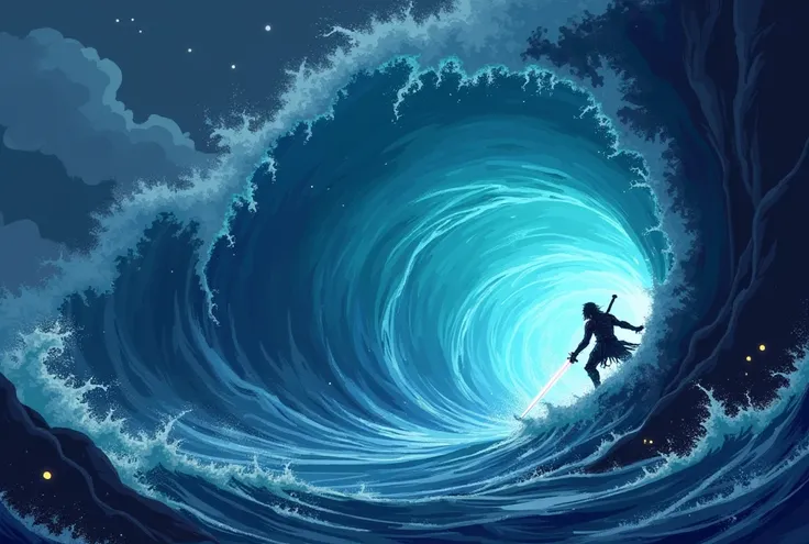 IMG_1837.CR2: (surfer inside a wave tunnel), ((masterpiece)), ((ultra-detailed, 8k quality)), (dark fantasy), (pixel art 16-bit style), (surfer riding a massive wave), (deep blue ocean with dark undertones), (gothic-inspired elements within the wave), (mys...