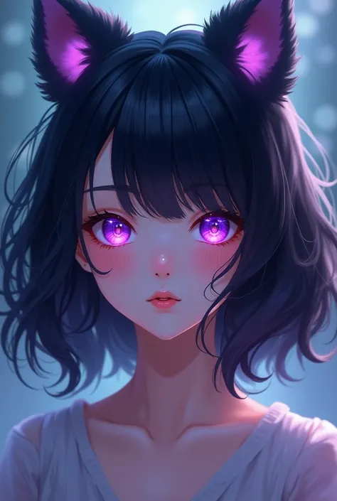 human with wavy black hair, purple eyes, fair skin, anime style and poodle dog ears