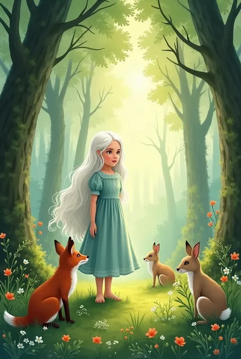 illustration for a fairy tale, Milan girl with long white hair, Age 7 years , in a fairytale forest , in a beautiful meadow with hares and a fox