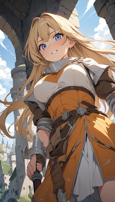 masterpiece, Best Quality, High resolution, Super detailed, Anime Style,  Fantasy, Medieval roads , One Girl, solo, Cowboy Shot,  Cute face, Medium Breast, Blonde medium straight hair, break, Blue Eyes, break, Battle Dress, Great Sword, Shooting from below...