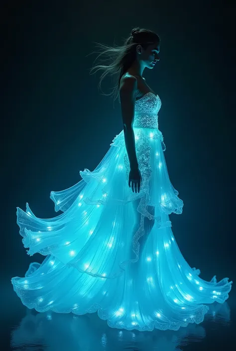 the bioluminescent woman is wearing a bioluminescent dress, the dress is made of the bioluminescent waves of the ocean --style raw --stylize 50.0