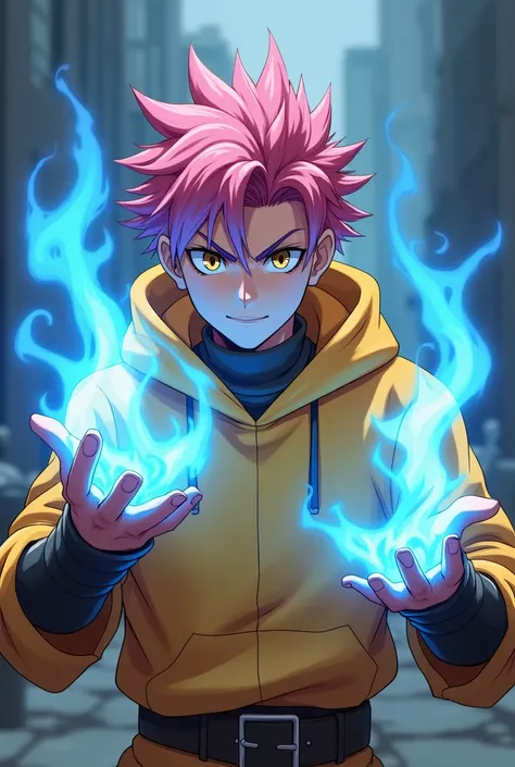 Pinkish haired adult male, small light brown eyes, sorcerer, hands with blue flaming spiritual  cursed energy, yellow hoodie, anime picture, mappa style, from jujutsu kaisen, blunted jaw