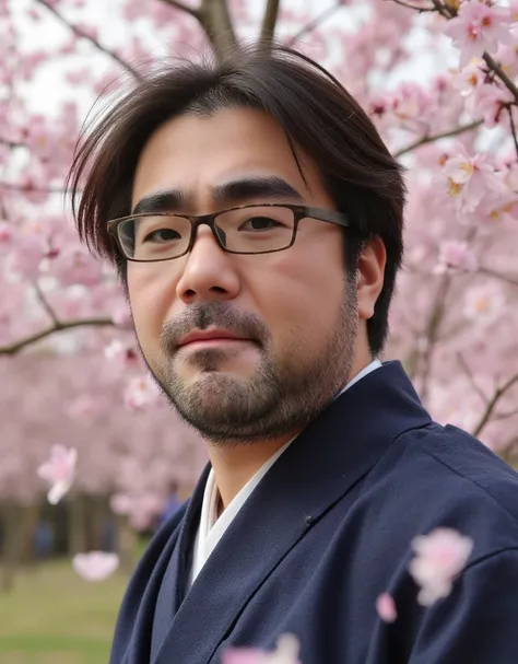 One person, Upper Body, Expressionless, Japanese clothing, Long Hair, Alone, Cherry Blossoms, View your viewers, beard, Glasses,