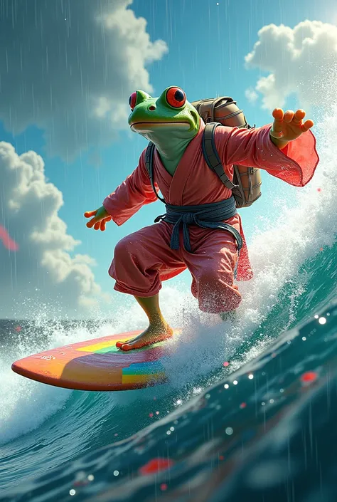 masterpiece, photorealistic,highly detailed, 4k, 8k, vibrant colors,   a surfer riding a large rainbow wave, ocean waves crashing, beach landscape, sunny rain day, dynamic motion, athletic frog surfer with big backpack, 斧, static shock from fist, kimono, s...