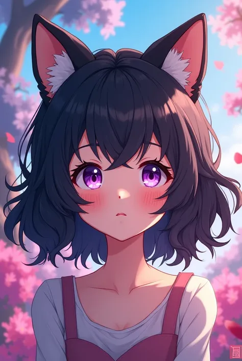 human with wavy black hair, purple eyes, fair skin, anime style and  dog dropping ears(like snoopy ears)colorful