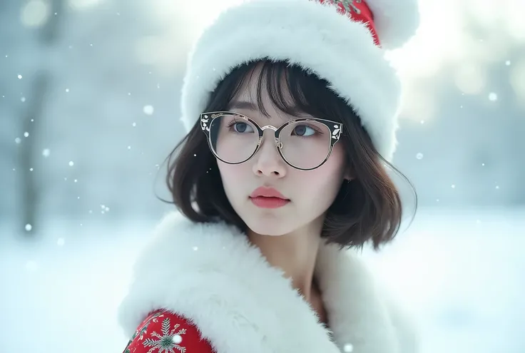 Majestic Japanese woman with short bob hair,Music album cover style ,All White, Santa Claus hat and clothes, Glasses, 