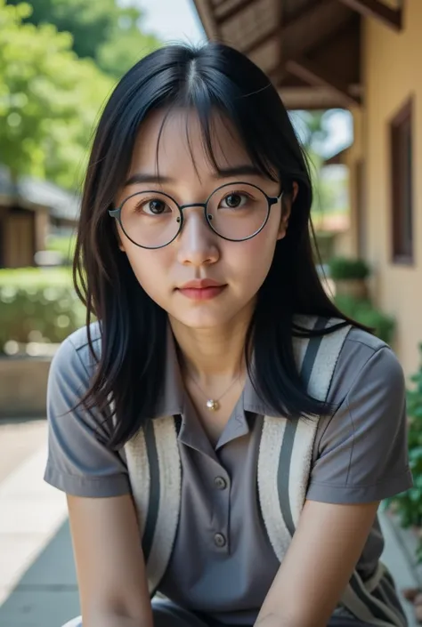 girl in thai school uniform , big glasses , log black hair ,white skin