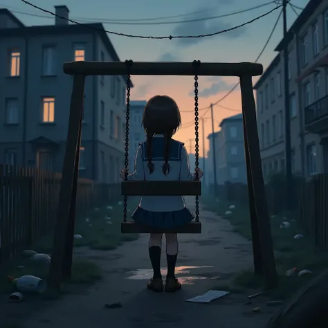 beautiful adult girl, two braids, view from the rear, in a brown school uniform, sitting on a swing, in a residential area, Khrushchevkas, twilight, light from the windows, dirt,puddles,garbage