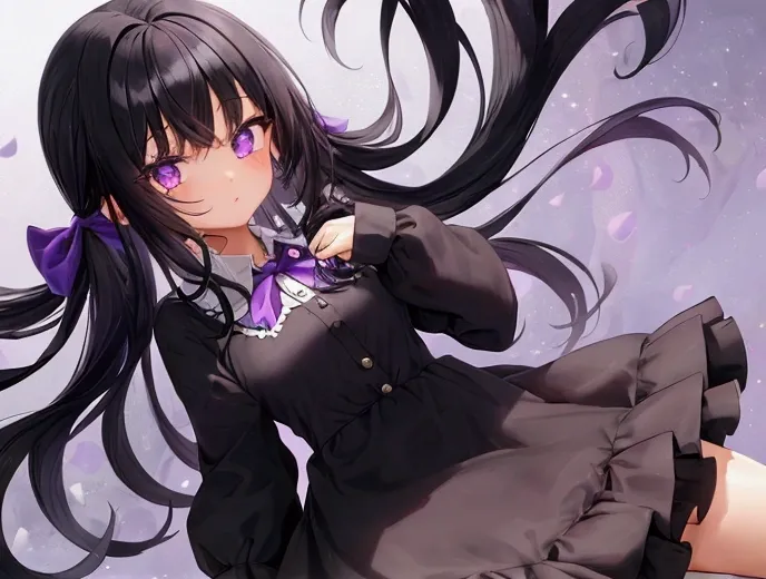 1girl, Black Hair, Long Hair, small, tiny, around , purple eyes, wearing a cute collared dress with buttons, wearing a purple ribbon clipped on the back of her hair 