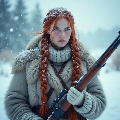 IMG_7452.CR2: (Nordic huntress), ((masterpiece)), ((ultra-detailed, 8k quality)), (photorealistic), (white-skinned Nordic huntress with long red hair in braids), (wearing animal fur clothing), (fur-lined hood), (holding a wooden-handled rifle), (majestic a...