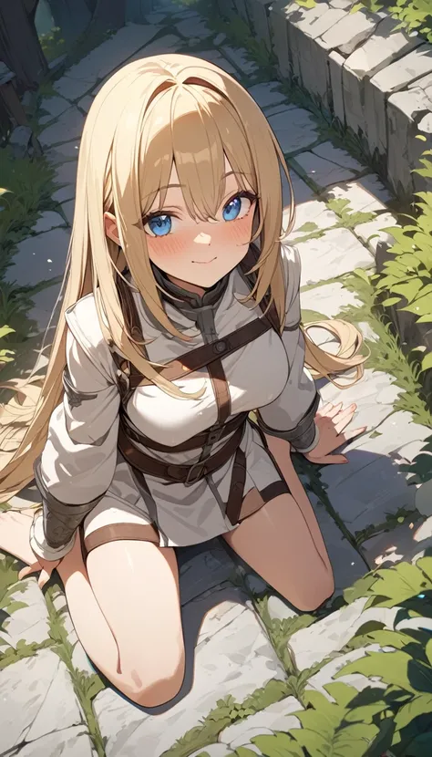 masterpiece, Best Quality, High resolution, Super detailed, Anime Style,  Fantasy, Medieval roads , One Girl, solo, Cowboy Shot,  Cute face, Medium Breast, Blonde medium straight hair, break, Blue Eyes, break, Battle Dress, wariza, Shooting from above, 