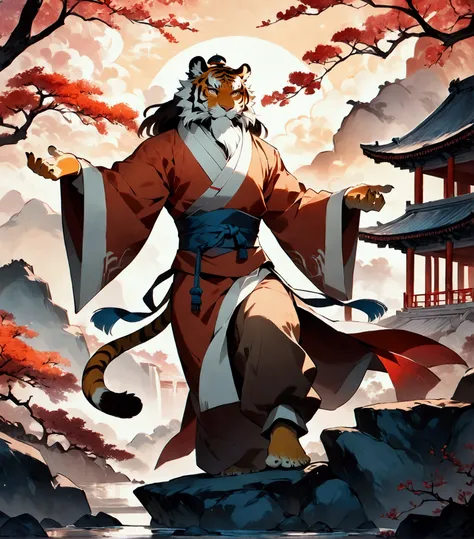 wuxia, daoist, a plump middle-aged chinese tiger man, full body in Michelangelo Buonarroti style, digital illustration anime, character focus, full body, looking away, dynamic angle, BREAK serious, standing, drawing a circle in the air with a finger, dynam...