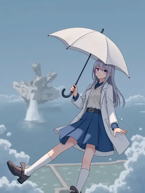 1girl, solo, long hair, blush, smile, purple eyes, silver white hair, girl in a scientits outfit with labcoat with space floating shoes holding an umbrella standing on sky with ocean wave and giant robot shark (hair swept bangs:1.3), anime style, from girl...