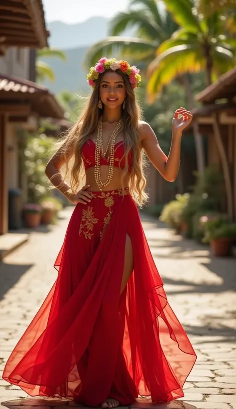 Photographic, super realism, hula dance pose,  Front view, English black girl, on stone street, in Hawaii, English cute black girl ,20-age, (gold hair, long hair, fringe, brown eye, natural make, smile , flower crown), (Red elegant hula dance costume 1 pea...