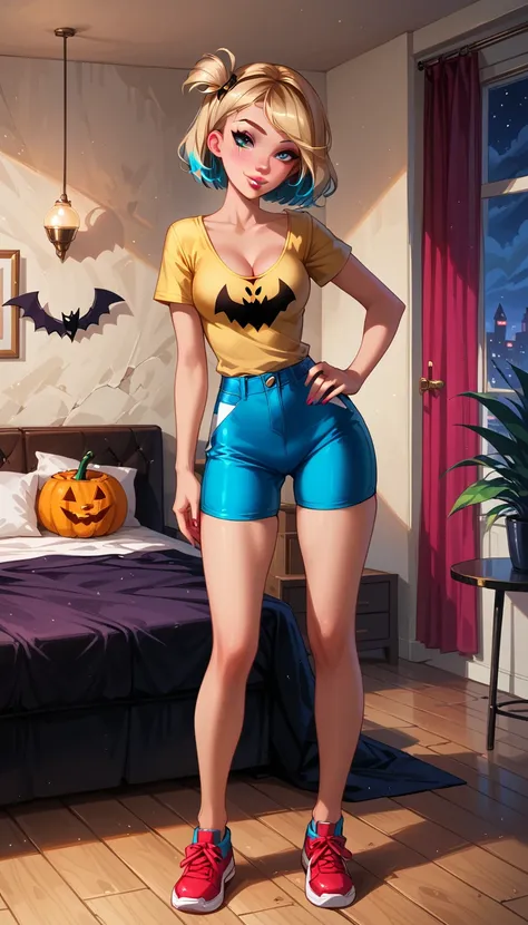 score_9,score_8_up,score_7_up, rating_safe, 1girl, solo, very sexy (short hair Gwen Stacy, colorful highlights, dressed as Misty from Pokemon, one side up hair, cleavage:1.4), wearing (yellow t-shirt, tight sleeveless t-shirt, red suspenders, blue shorts, ...