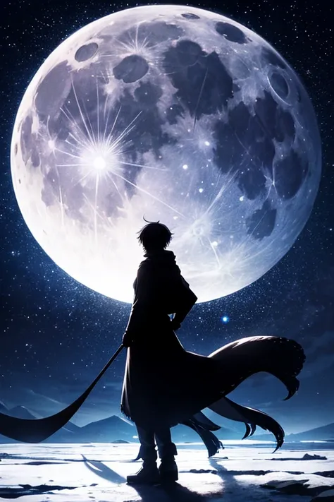 Best Quality,Big moon and shadow,A silhouette of a person can be seen against the backdrop of a large moon.,There is one full moon,There is a mood,Beautiful scenery,Starry Sky