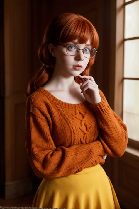 Velma Dinkley from Scooby Doo, in a gothic house, 1 girl, red hair, a few freckles, glasses, yellow sweater, red skirt above the knees, square hairstyle, Blue eyes, mystical mood, horror film 