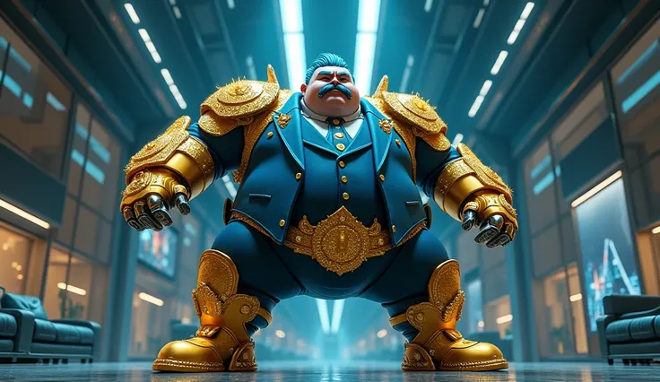 Full body view, an obese businessman, in a blue suit, blue cyberpunk hairstyle and mustache, in gold armor encrusted with diamonds, brawl, in a gigantic, futuristic, future office, night landscape through the windows