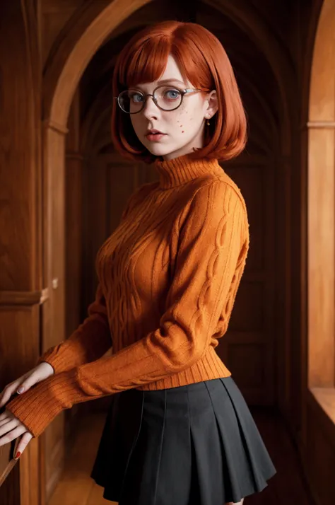 Velma Dinkley from Scooby Doo, in a gothic house, 1 girl, red hair, a few freckles, glasses, yellow sweater, red skirt above the knees, square hairstyle, Blue eyes, mystical mood, horror film 