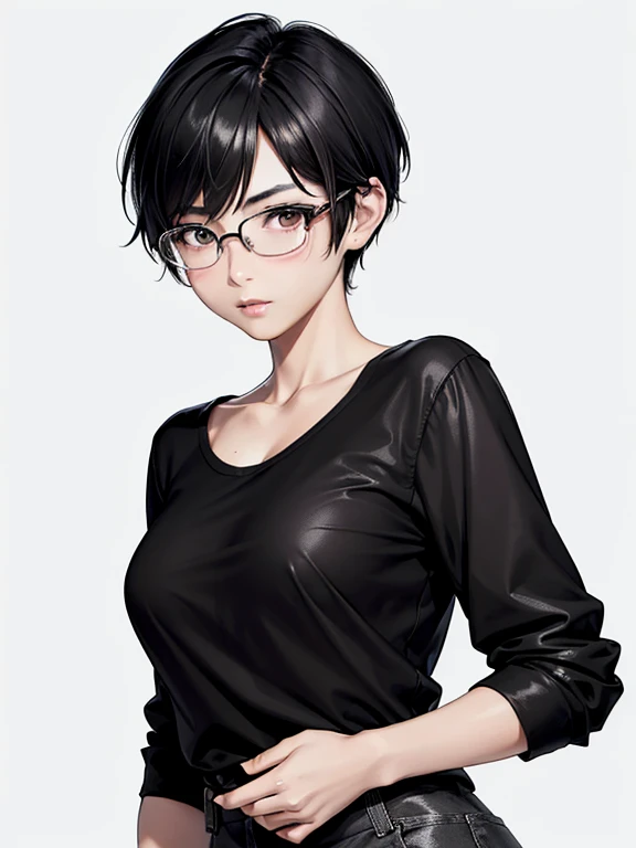 {8k image}, 1beautiful japanese woman (tanned), 20 years old, short black hair (pixie cut), scar on nose, busty, wearing glasses, black shirt, looking at the viewer with a blush, facing the camera, looking ahead, close up of face, no background, manga art ...