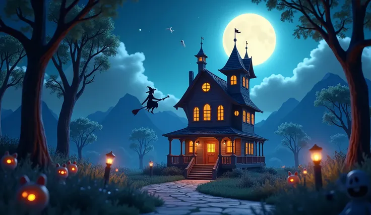 A Pixar-style 3D Halloween haunted house scene with a spooky forest and a full moon. The haunted house has multiple stories with different spooky elements such as a witch on a broomstick, a ghost floating in the air, a skeleton holding a bone, and a werewo...