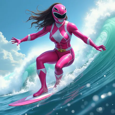 busty power ranger surfing, wearing pink power ranger costume, full body shot