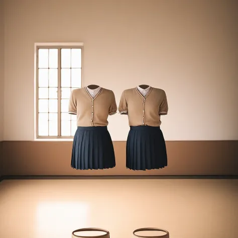 "Two empty school uniforms standing in a classroom, side by side, as if worn by invisible people. Both have beige cardigans, one with a pleated navy skirt. The background is a modern classroom with wooden desks, chairs, and large windows letting in dayligh...